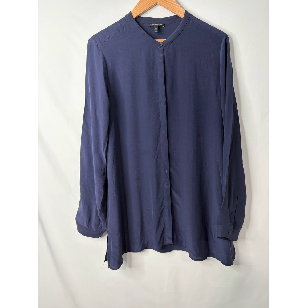 Eileen Fisher Navy Blue Silk Band Collar Hidden Button Front Tunic Blouse M